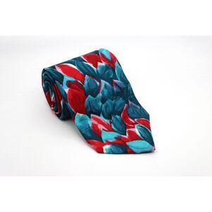 Vintage Viaggio Silk Necktie – Blue Red Abstract Floral Flame Pattern
